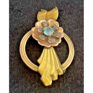 Vintage Harry Iskin 12K Gold Filled Flower Circle Brooch Blue Rhinestone Pin